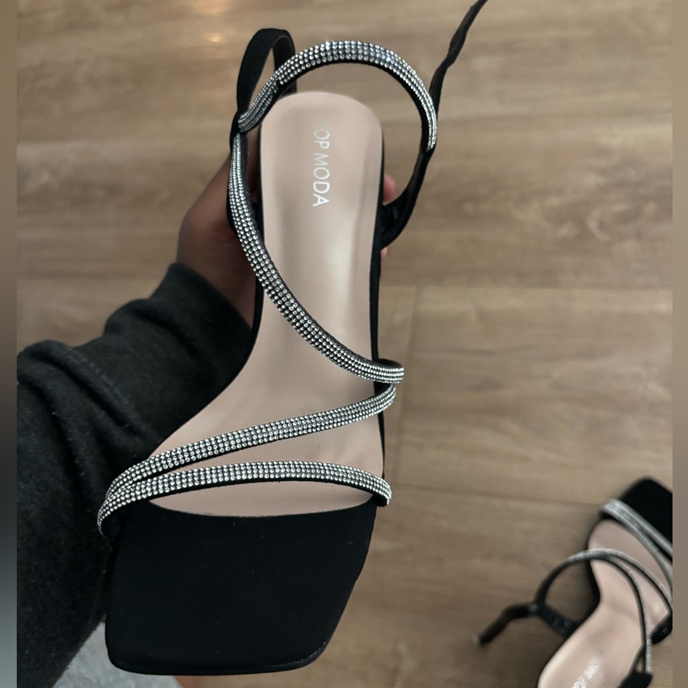 Black Strappy Heels with Rhinestone Detailing